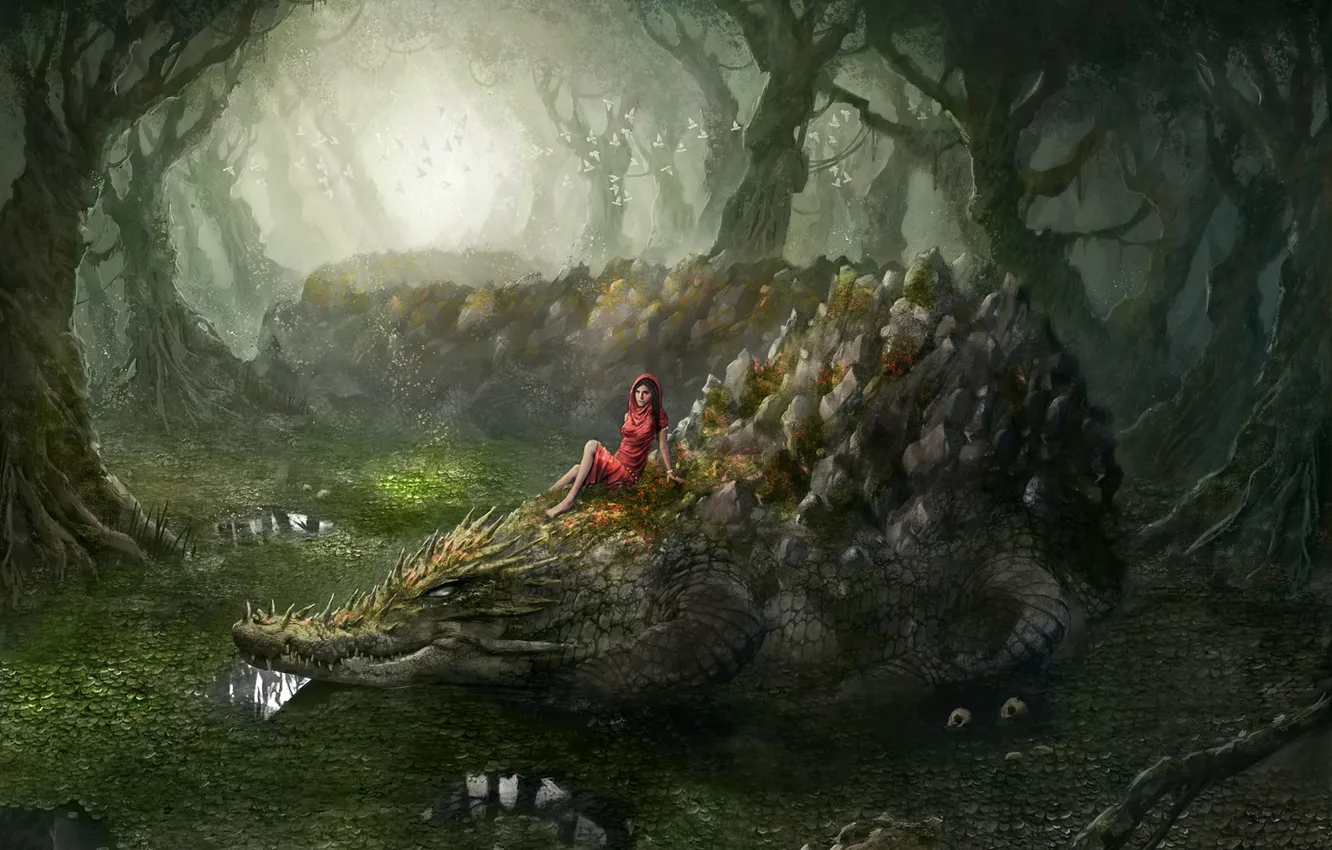 Photo wallpaper forest, girl, crocodile, jungle, Swamp Thing
