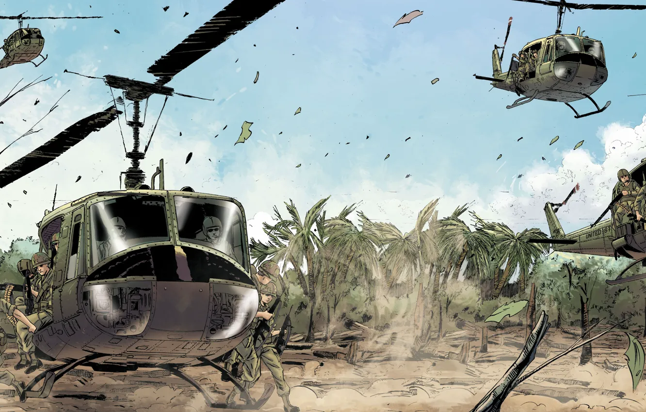 Photo wallpaper palm trees, figure, helicopters, Vietnam, landing, landing, Bell, infantry