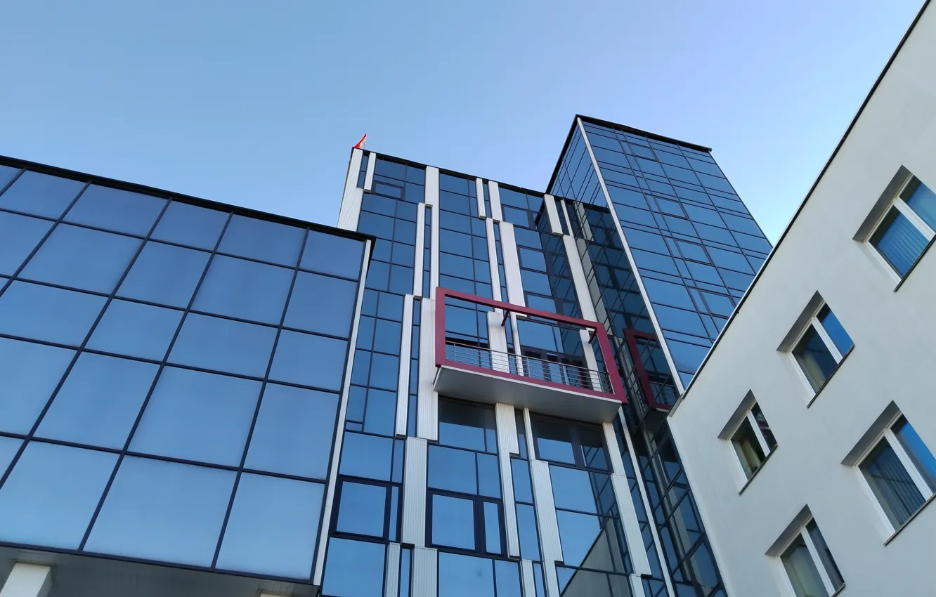 Photo wallpaper the sky, city, the city, building, red, glass, white, sky