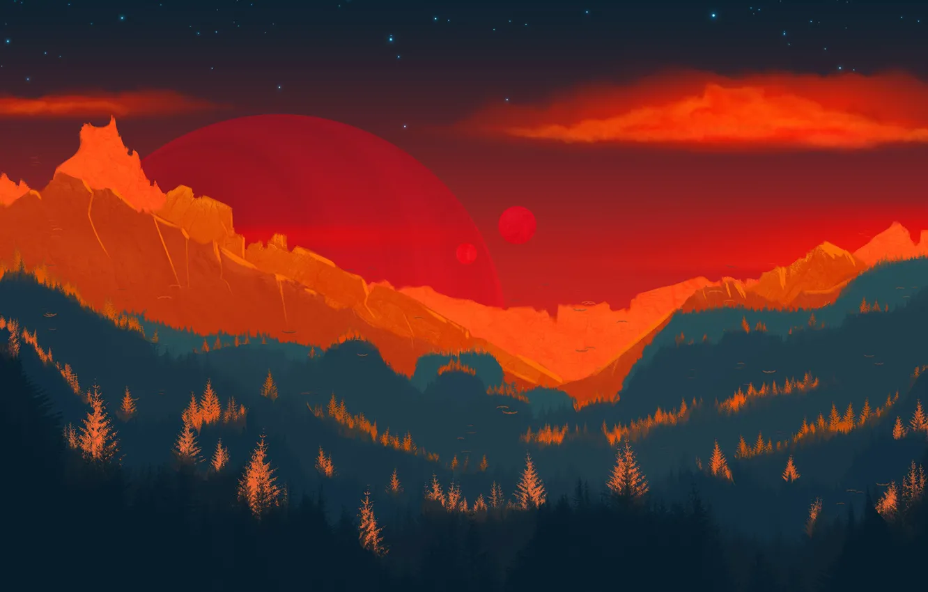 Photo wallpaper forest, landscape, mountains, fiction, view, planet, satellite, art