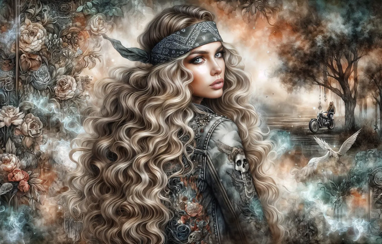 Photo wallpaper look, girl, trees, flowers, bird, skull, portrait, roses