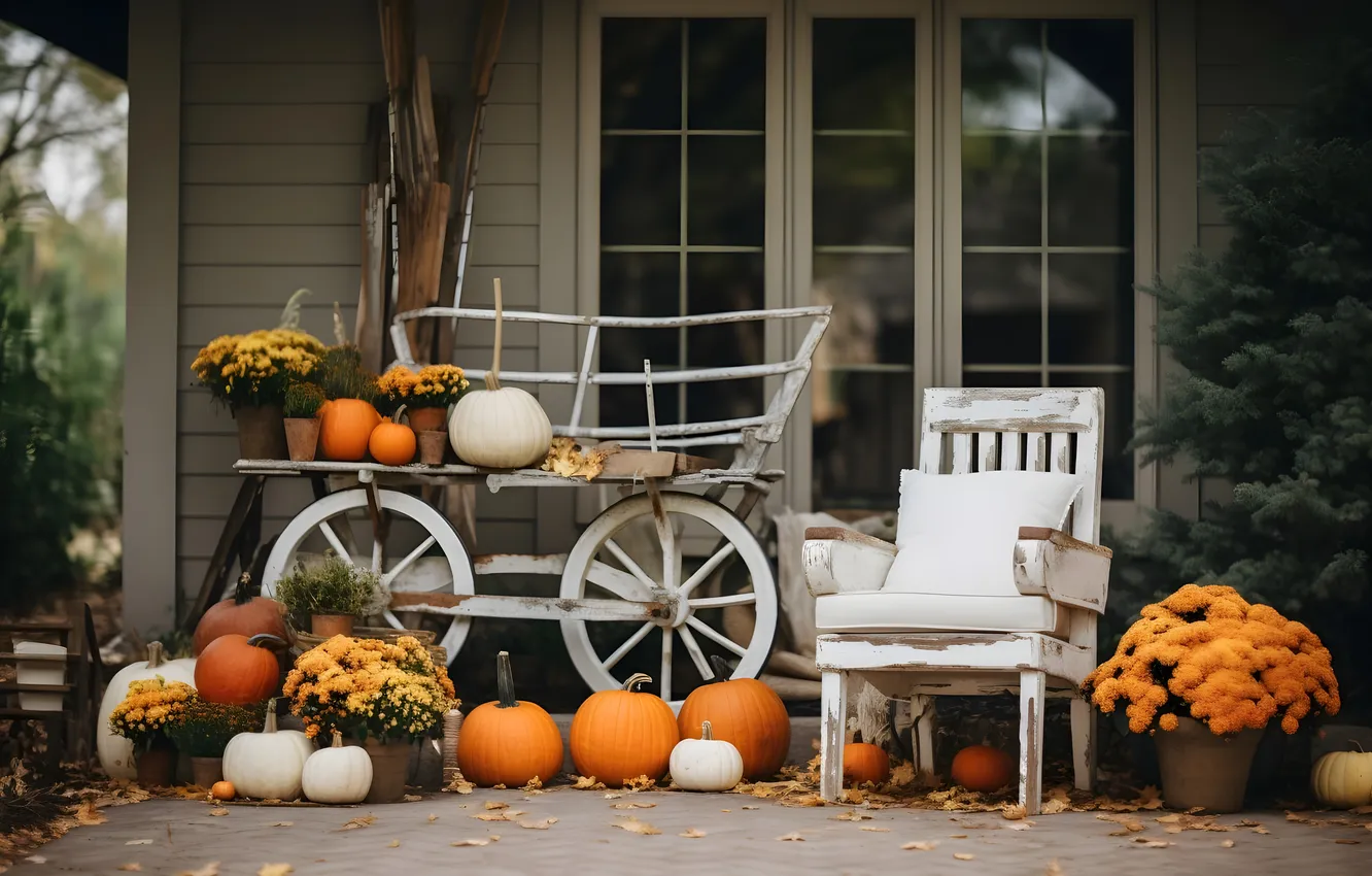 Photo wallpaper autumn, flowers, house, basket, chair, harvest, window, pumpkin