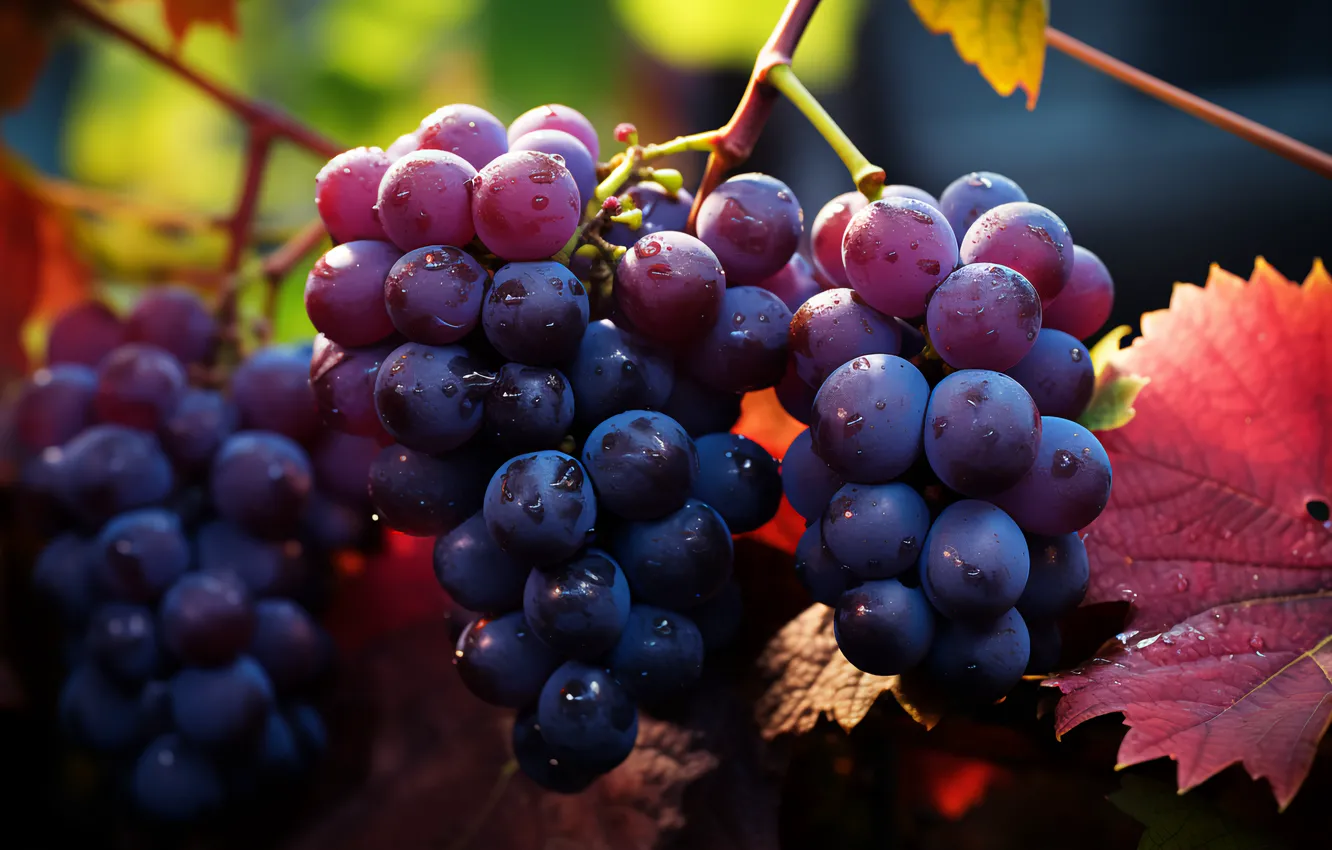 Photo wallpaper leaves, nature, harvest, grapes, vineyard, hanging, bunches of grapes, bunch of grapes