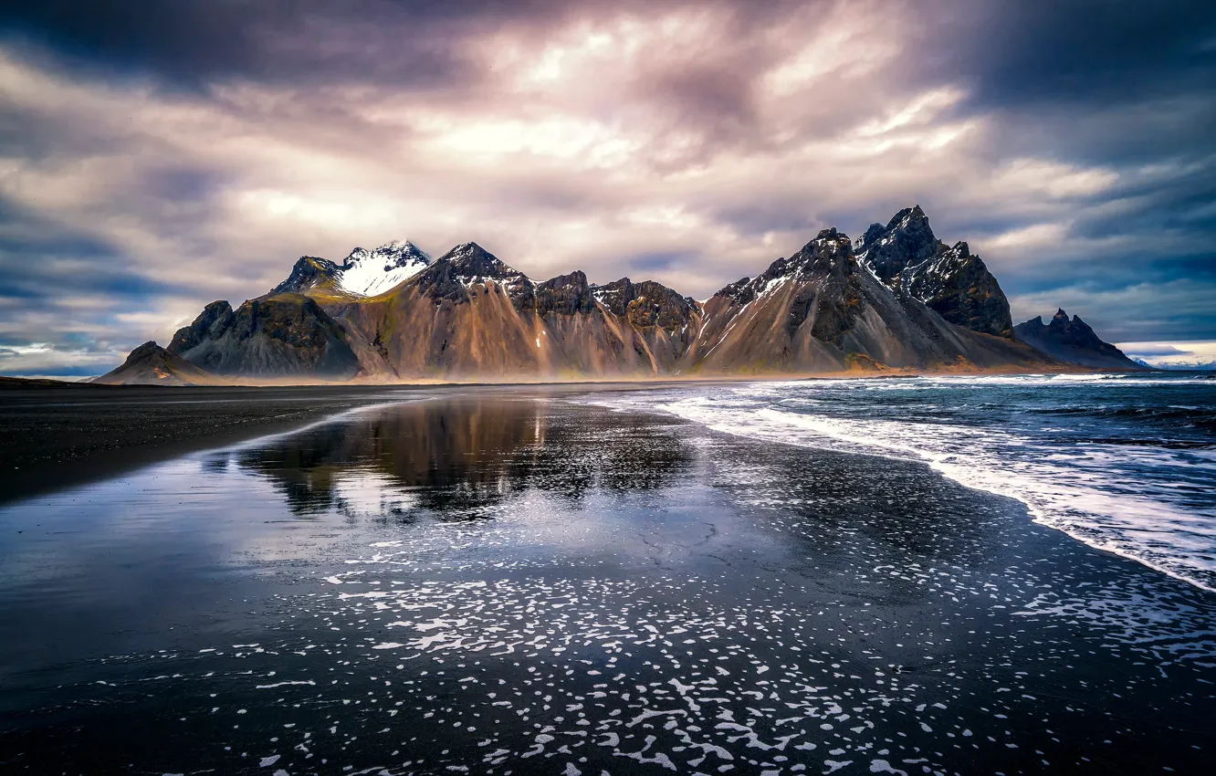 Photo wallpaper mountains, shore, tops, Iceland, pond