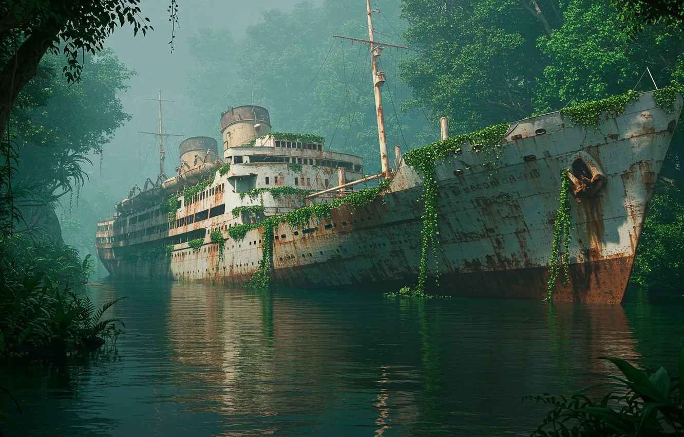 Photo wallpaper river, rusty, Wallpaper, ship, jungle, art, wallpaper, river