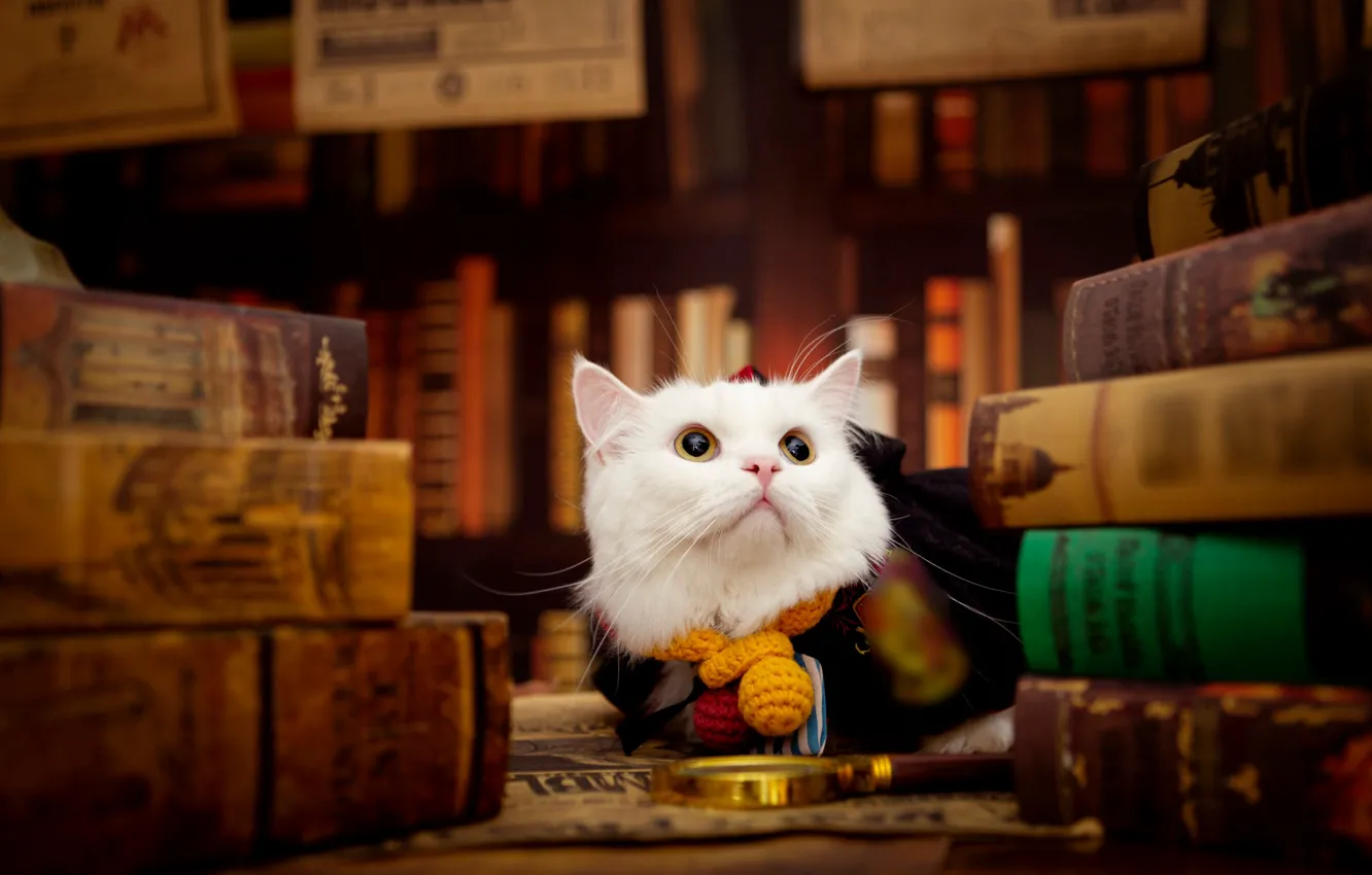 Photo wallpaper cat, white, cat, look, pose, book, library, magnifier