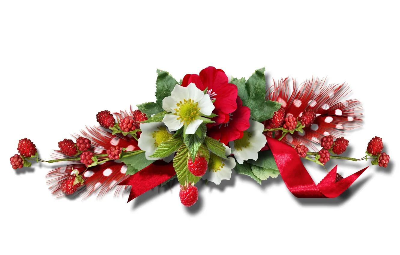 Photo wallpaper flowers, raspberry, sprig, feathers, tape
