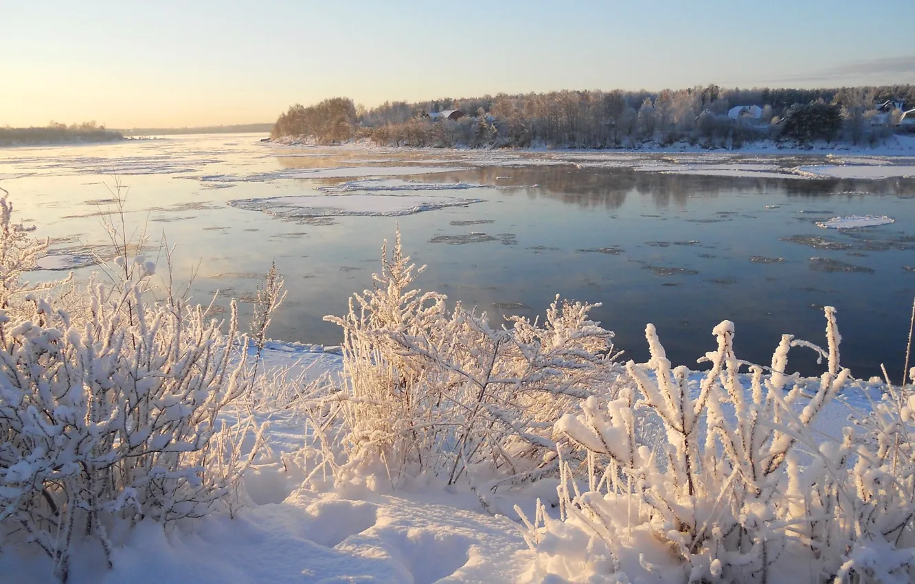 Photo wallpaper ice, winter, the sky, snow, trees, river