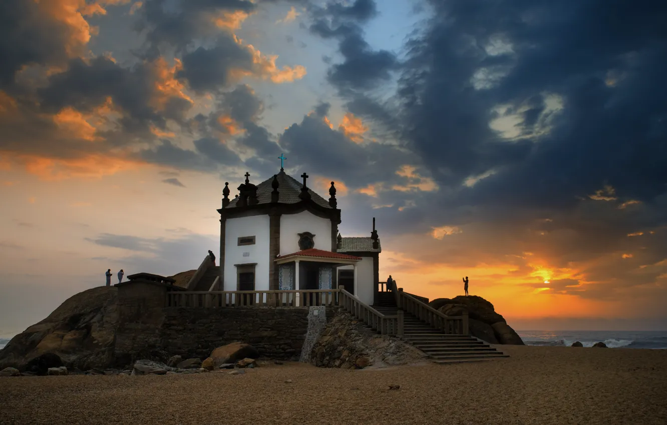Photo wallpaper beach, landscape, sunset, nature, stones, the ocean, shore, Church