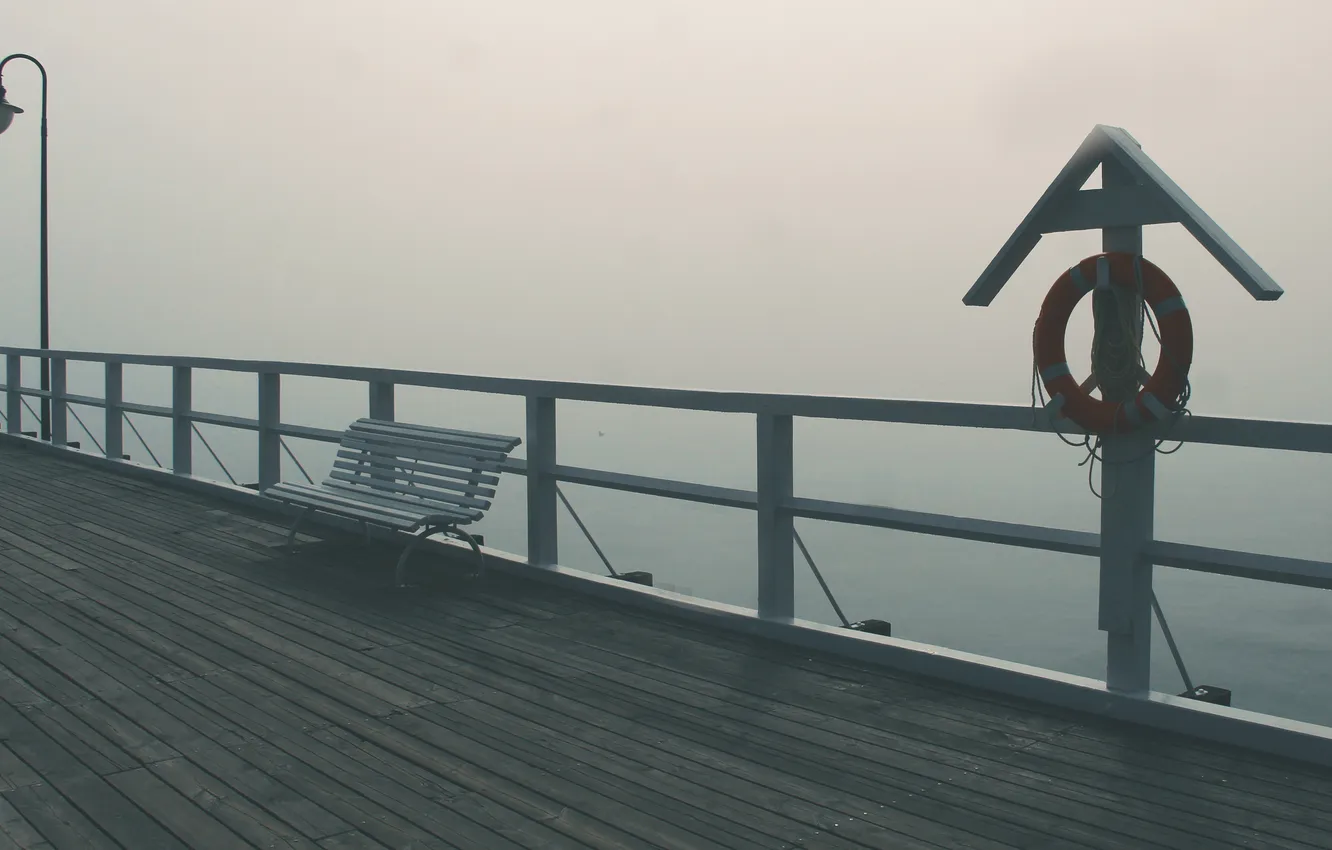 Photo wallpaper fog, bench, pier