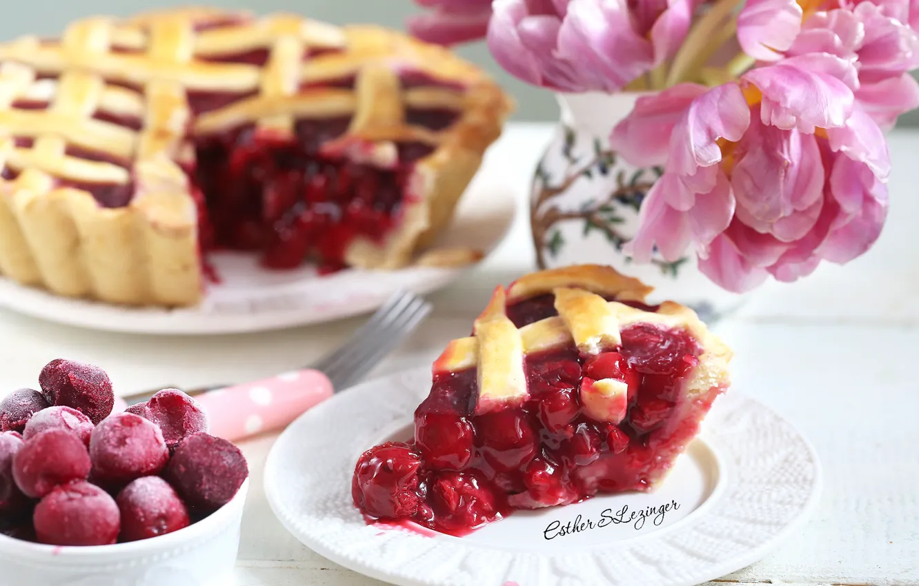 Photo wallpaper flowers, pie, dessert, cherry