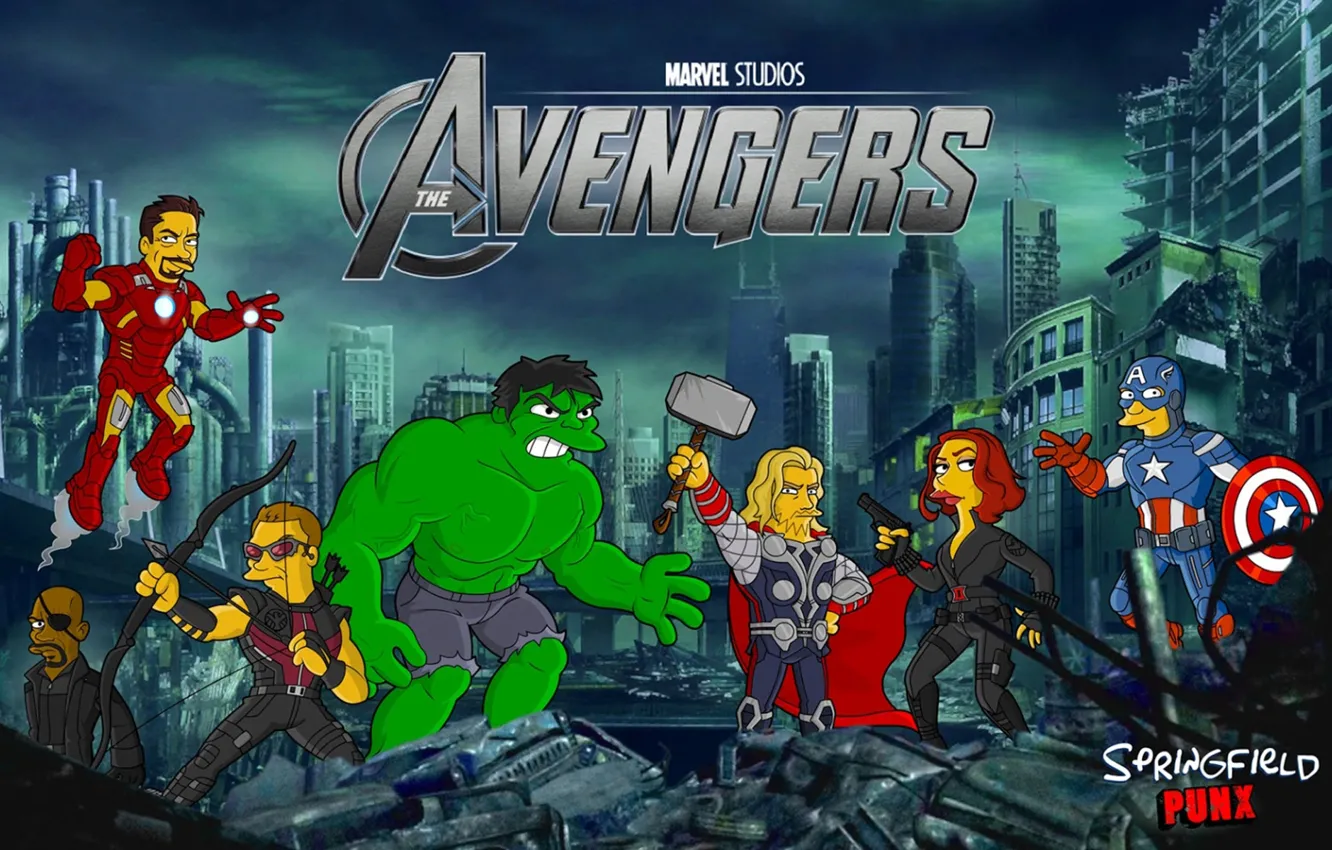 Photo wallpaper Simpsons, Hulk, Captain America, Thor, The Simpsons, superheroes, The Avengers, Avengers