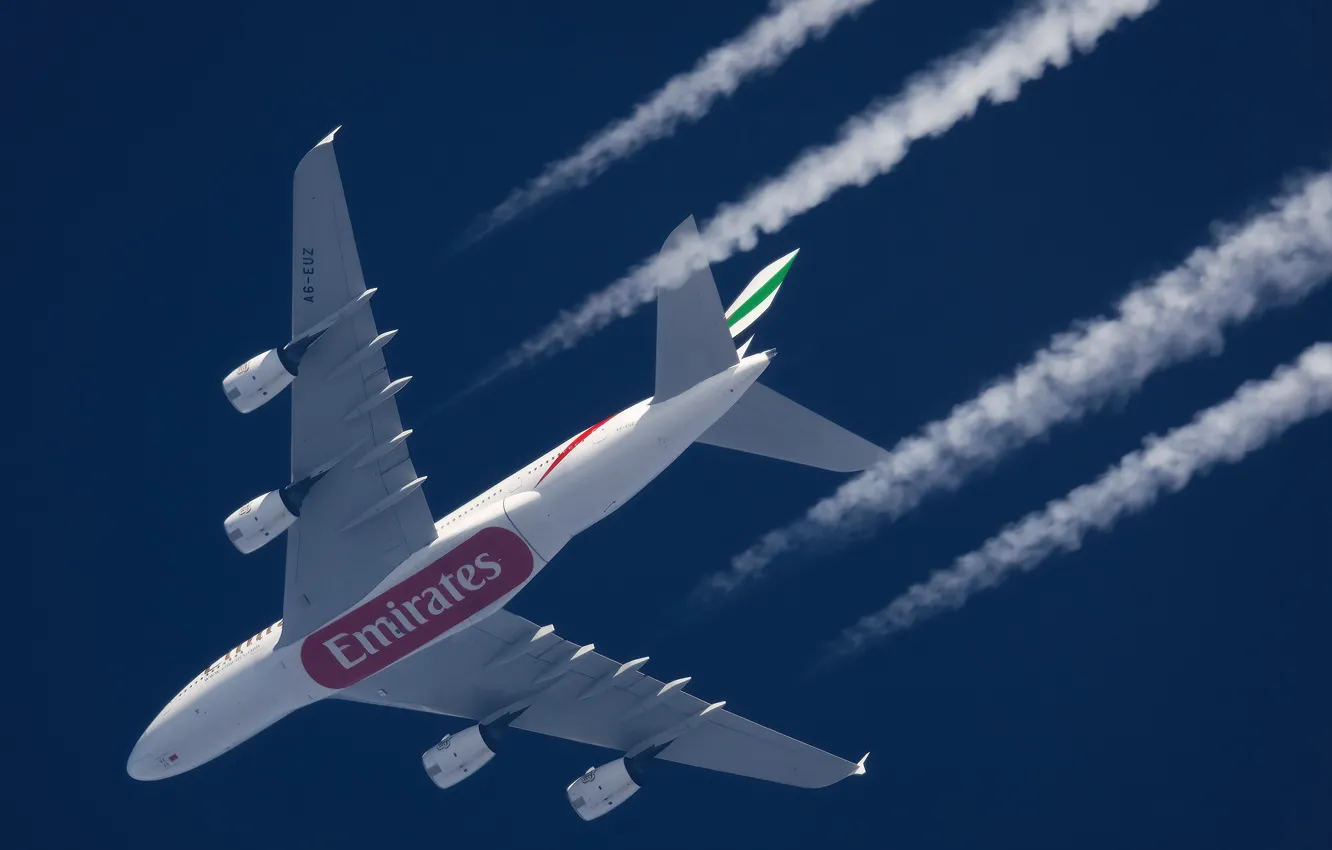 Photo wallpaper the plane, liner, A380, Airbus, in flight, Airliner, Airbus A380, Emirates Airlines