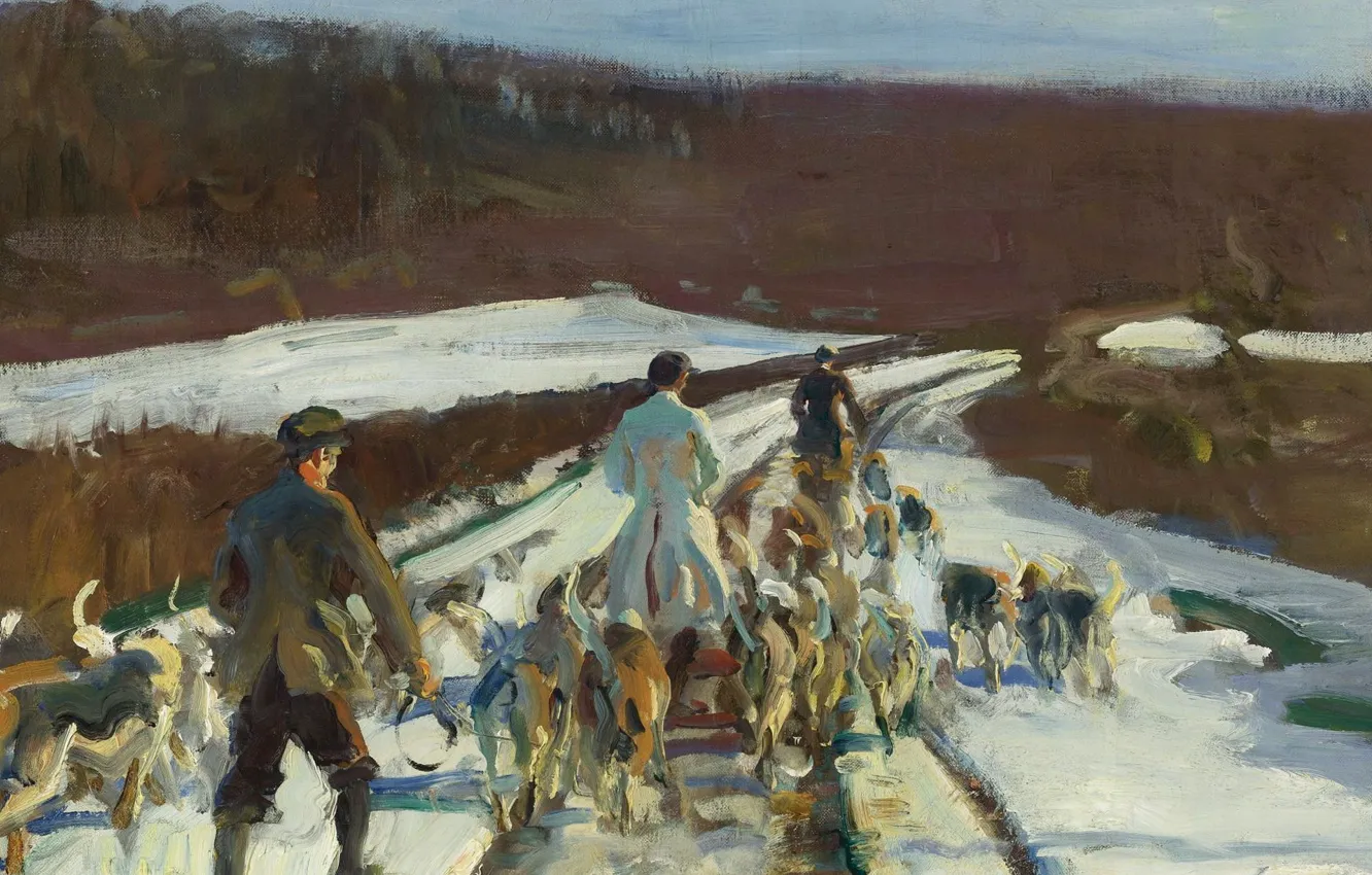 Photo wallpaper landscape, picture, Alfred James Munnings, Alfred James Munnings, The Young Entry on a Snowy Road …