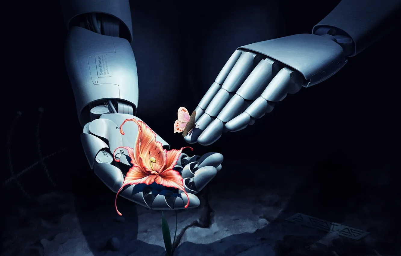 Photo wallpaper flower, butterfly, robot, hands, art