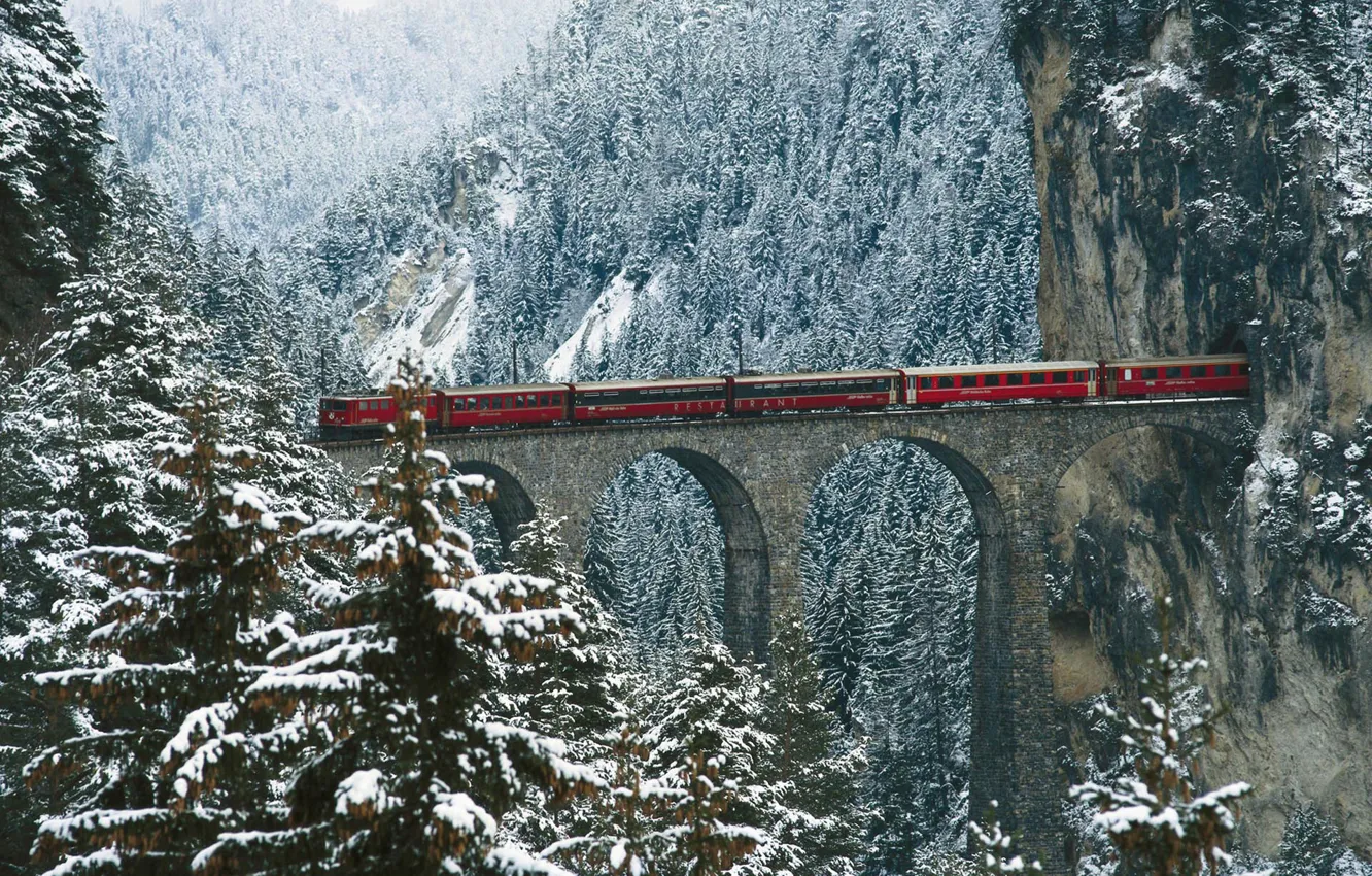 Photo wallpaper winter, snow, trees, mountains, bridge, train, cars, the tunnel