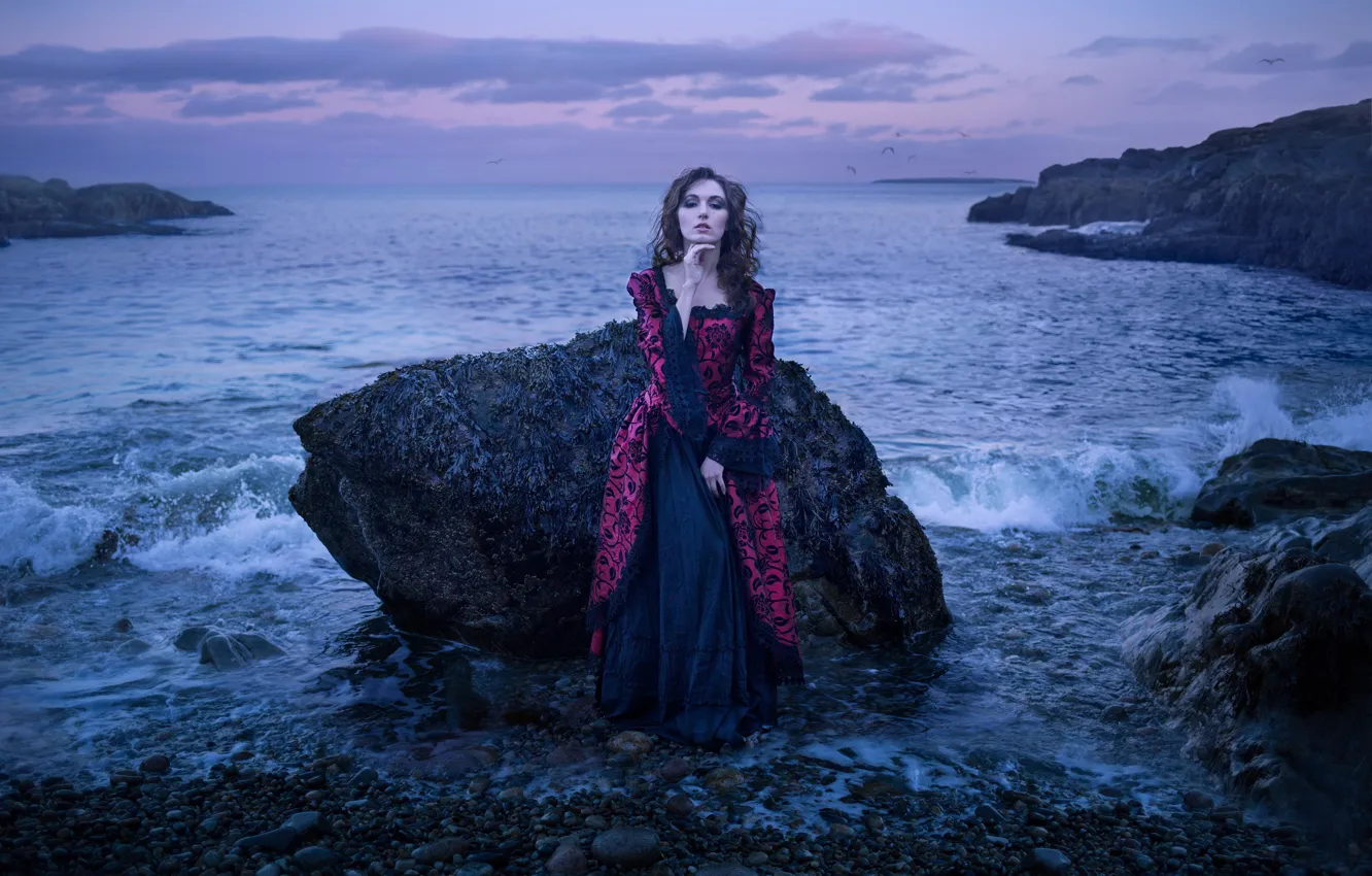 Photo wallpaper girl, pose, stones, mood, the ocean, rocks, dress