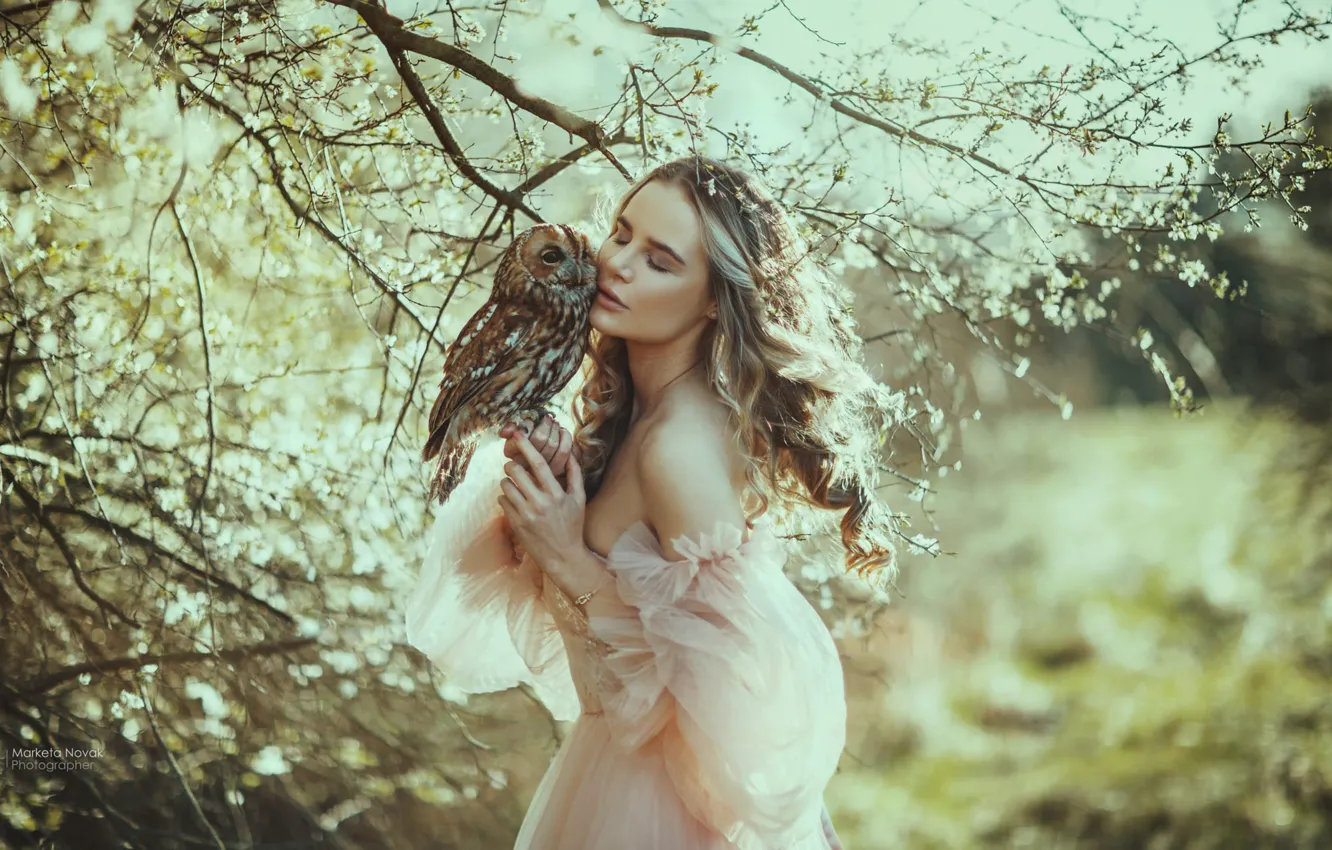 Photo wallpaper girl, light, trees, flowers, branches, face, pose, owl