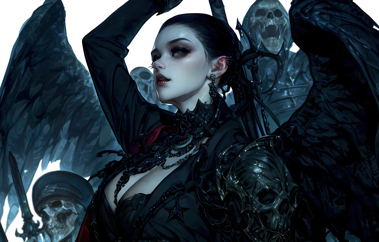 Photo wallpaper sake, girl, wings, black wings, AI Art, AI Generated