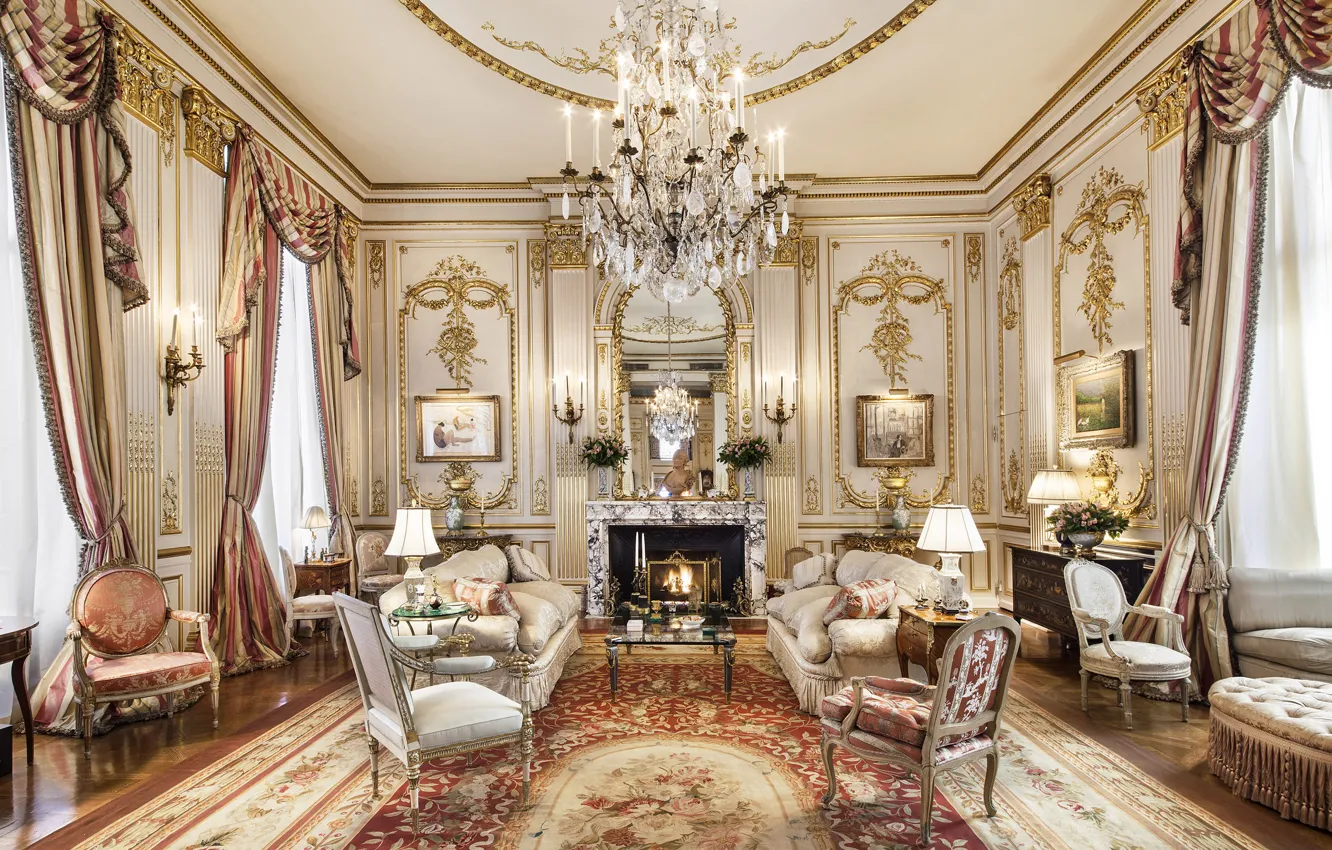 Photo wallpaper flowers, sofa, chair, mirror, chandelier, vase, fireplace, living room