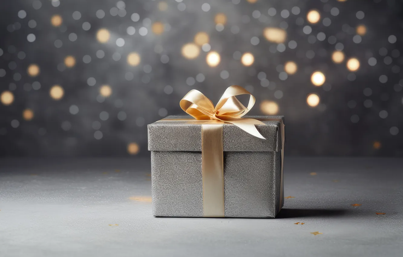 Photo wallpaper lights, grey, box, gift, new year, Christmas, grey background, bow