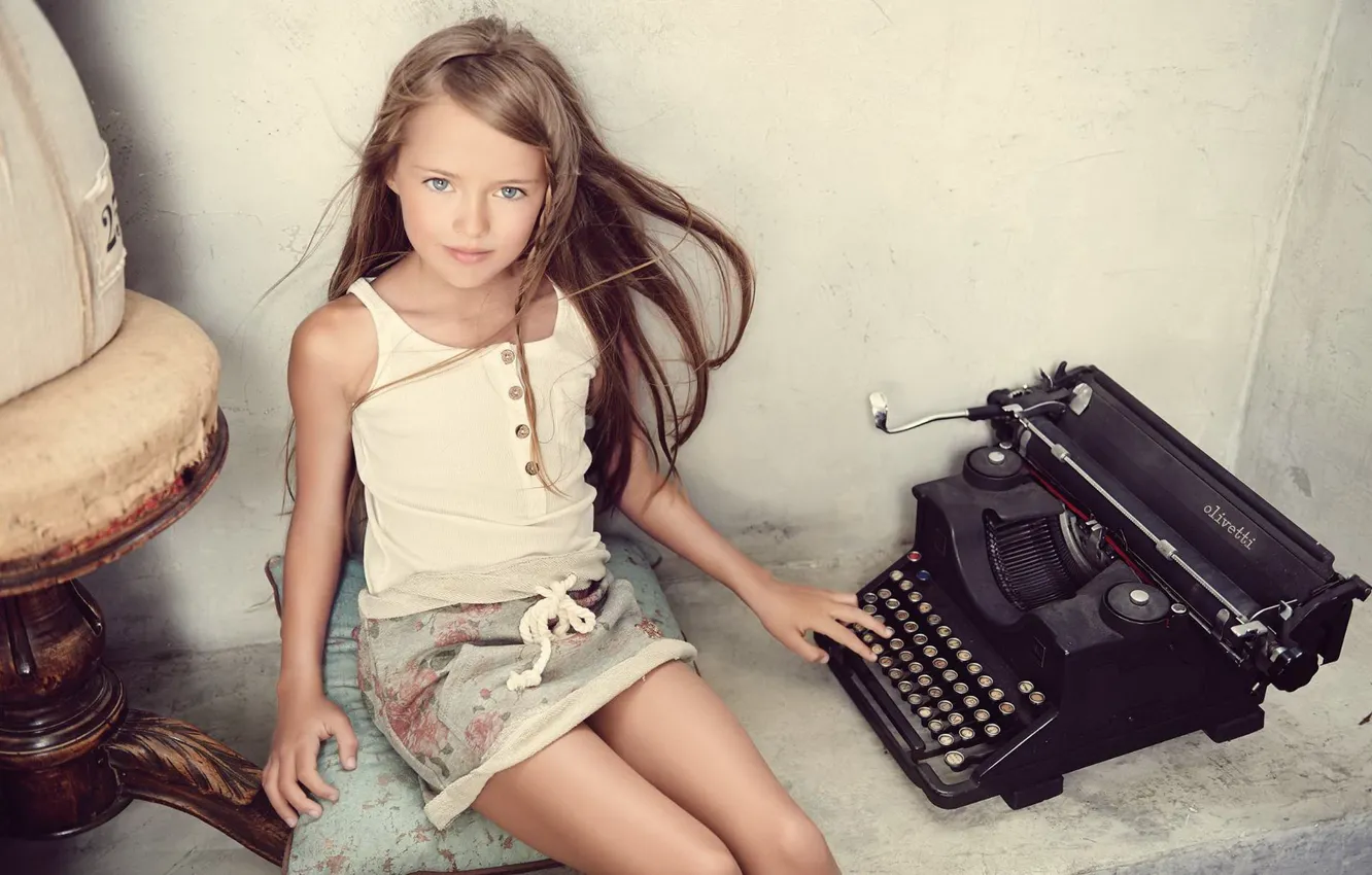 Photo wallpaper look, girl, typewriter, Kristina Pimenova, kristina pimenova