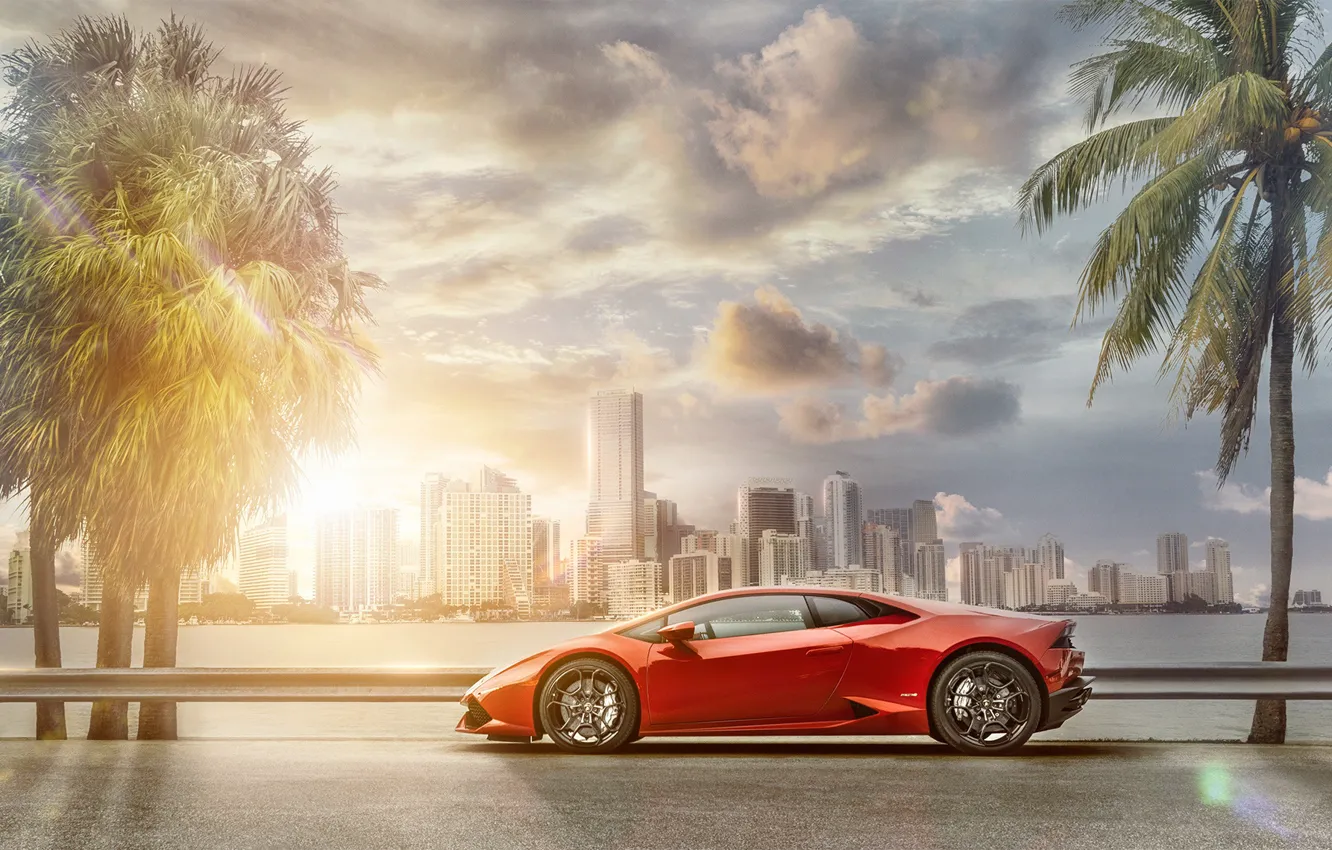 Photo wallpaper transport, car, skyscrapers, Lamborghini Hurricane, In Miami