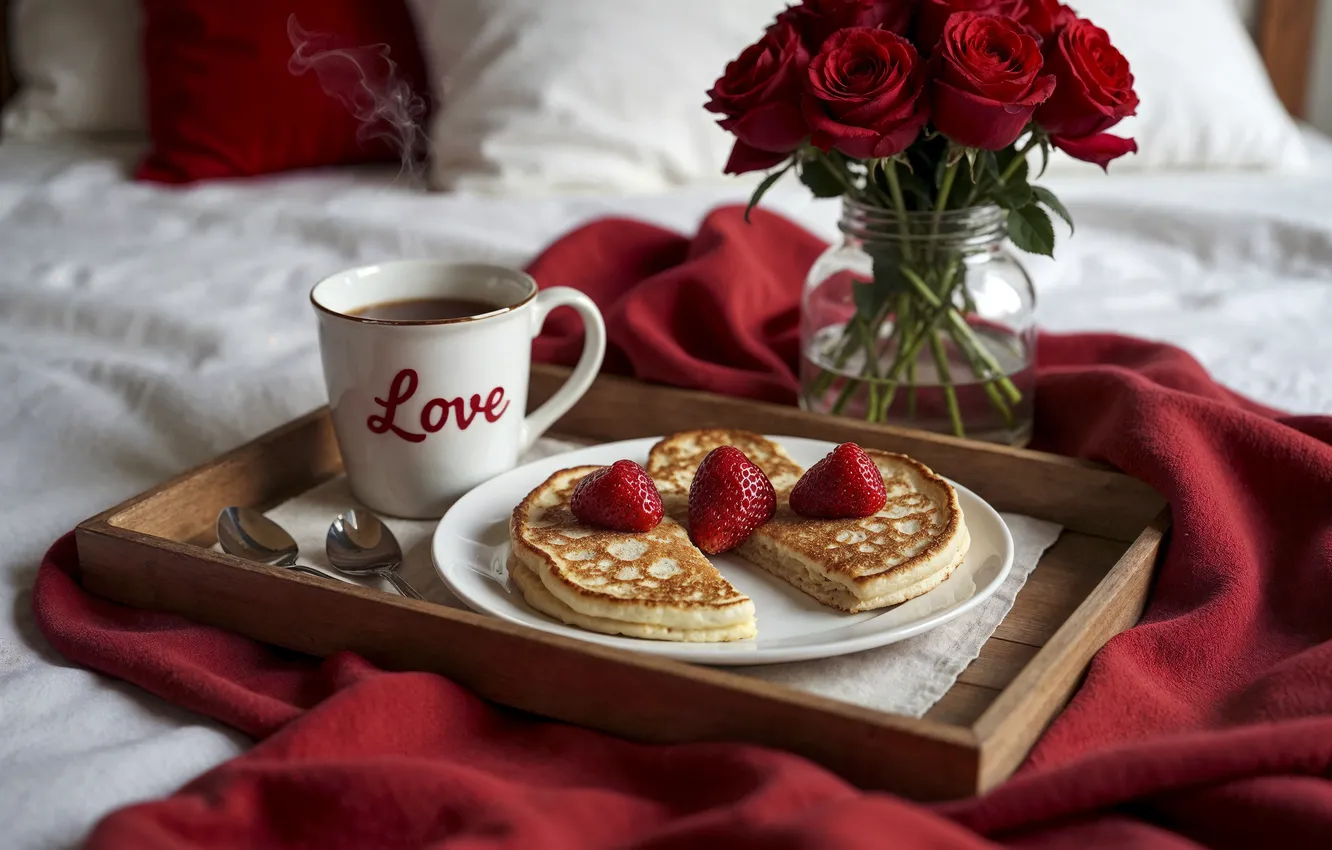 Photo wallpaper love, flowers, romance, heart, roses, Breakfast, love, pancakes