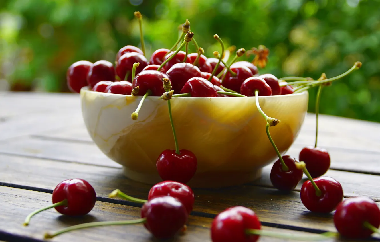 Photo wallpaper cherry, berries, bowl, cherry, bokeh
