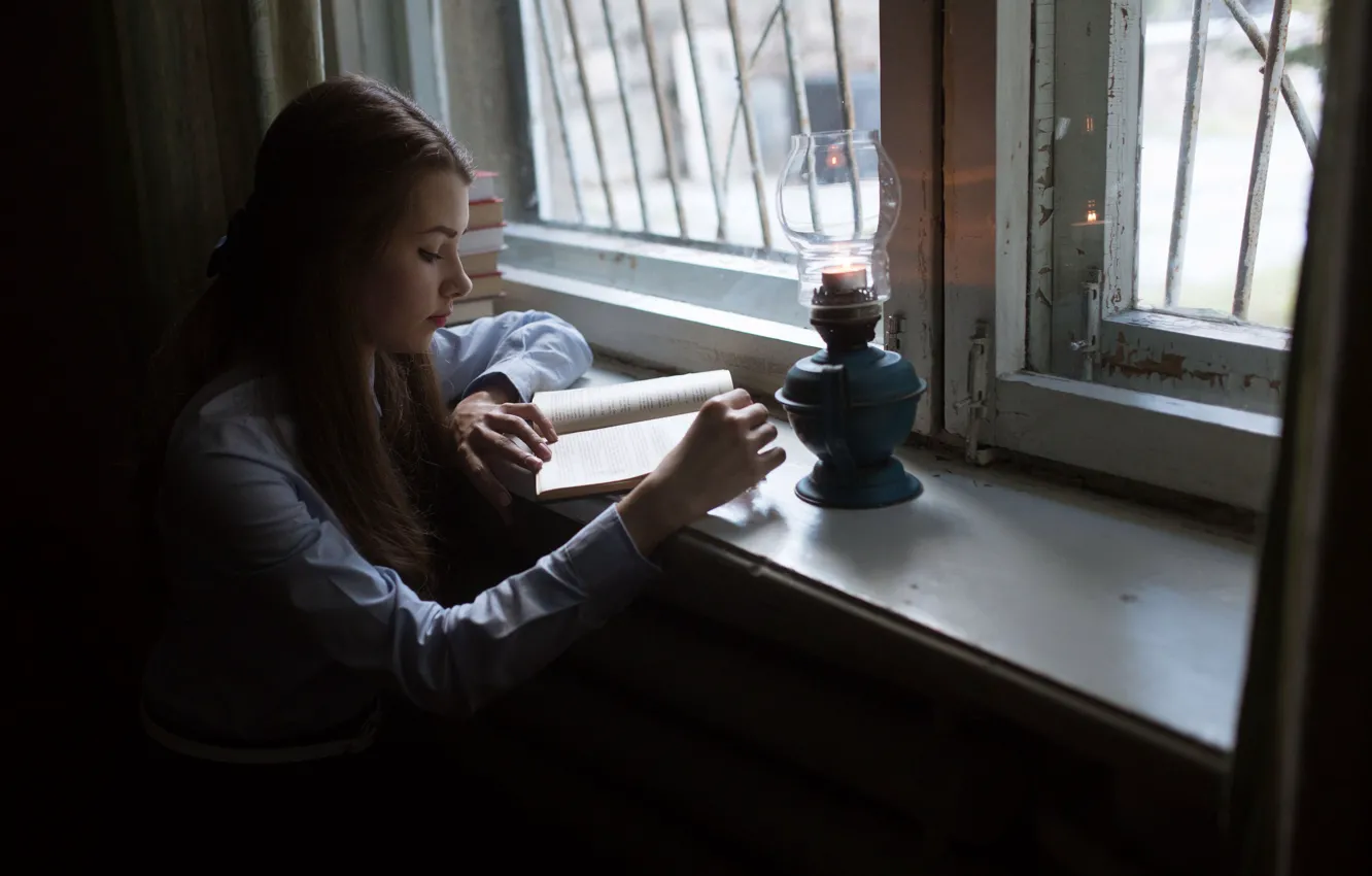 Photo wallpaper girl, window, reading