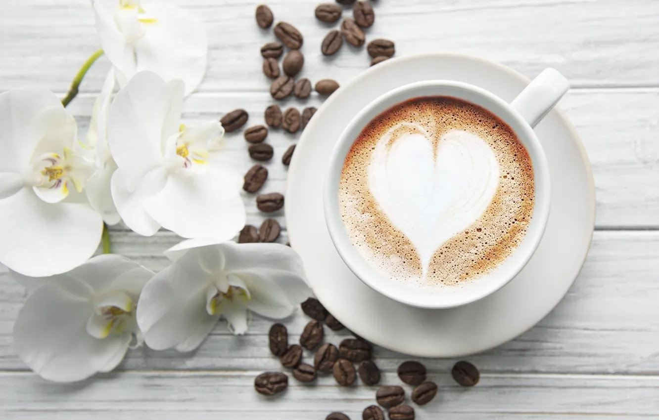Photo wallpaper heart, coffee, Cup, white, Orchid, Olena Rudo