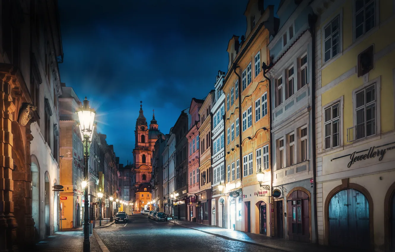 Photo wallpaper street, building, home, Prague, Czech Republic, lights, night city, bridge