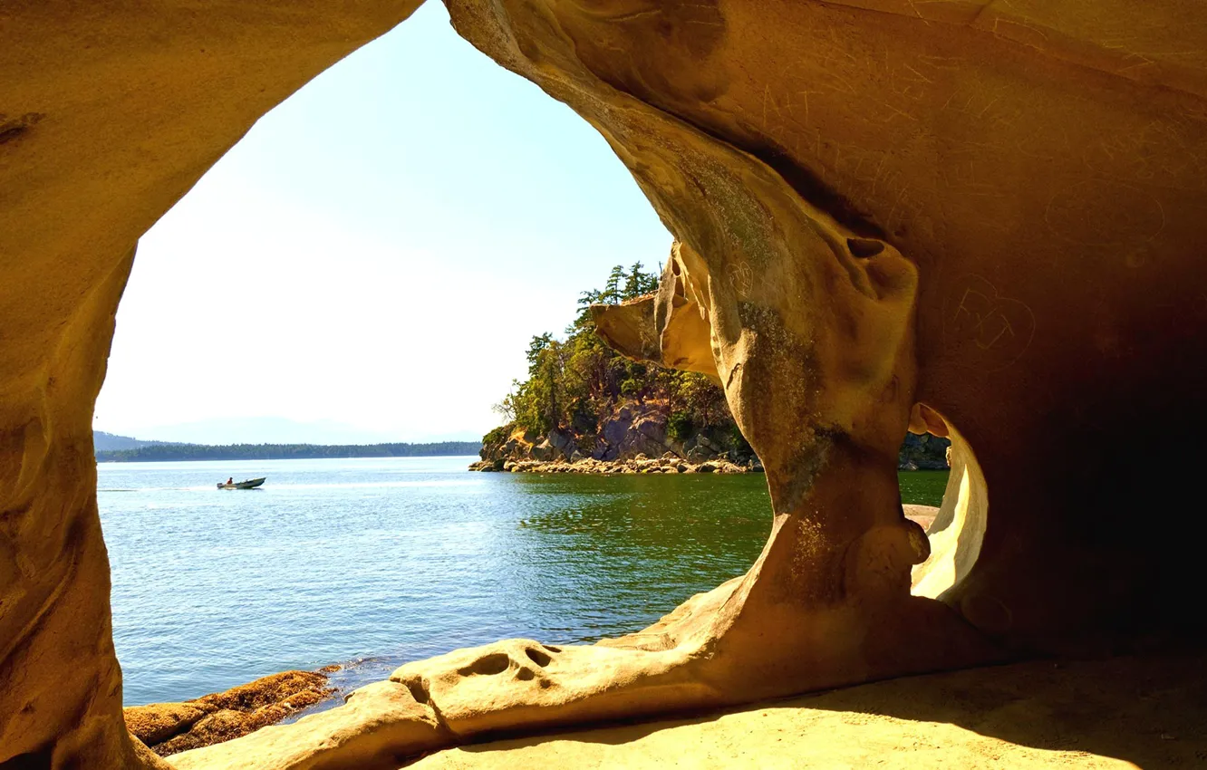 Photo wallpaper boat, Canada, cave, the grotto, British Columbia, Ministers Ministers Galiano