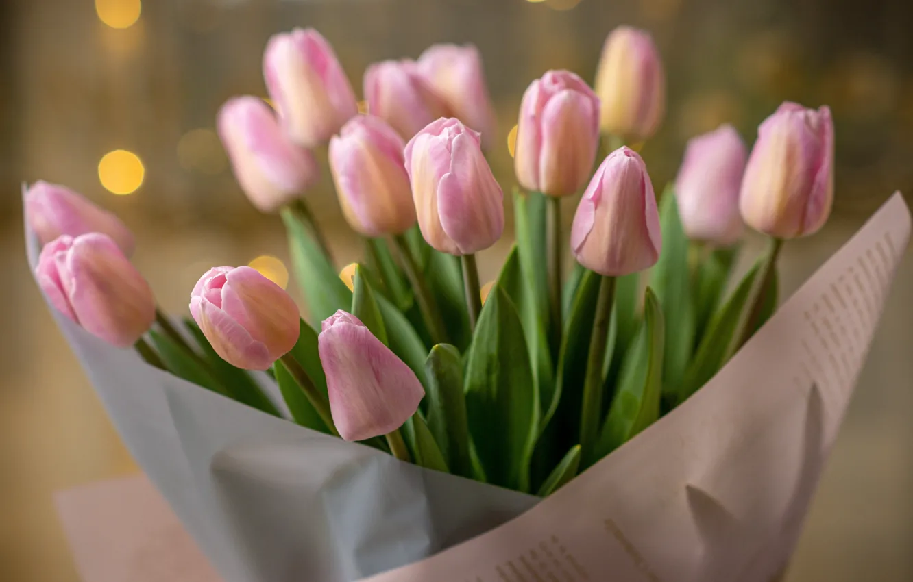 Photo wallpaper flowers, paper, bouquet, spring, tulips, pink, buds, bokeh