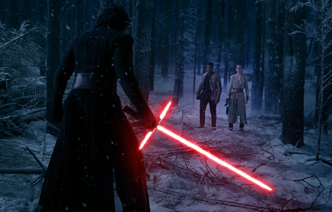 Photo wallpaper forest, snow, trees, night, fiction, sword, Finn, Star Wars: The Force Awakens