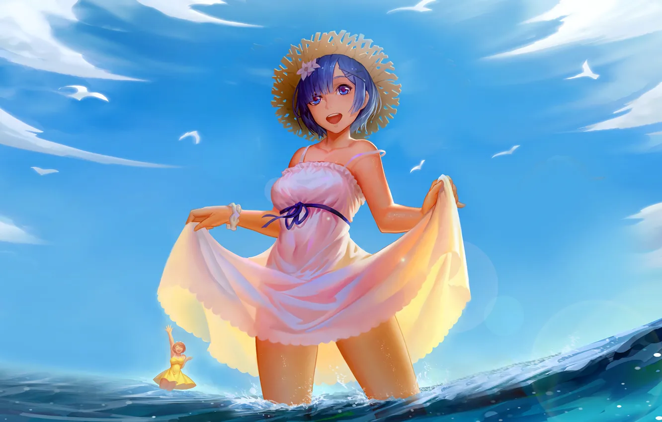 Photo wallpaper girl, sexy, sky, dress, sea, anime, water, beautiful