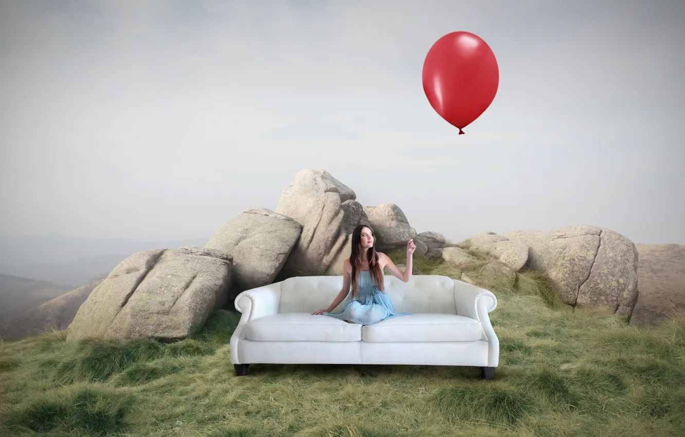 Photo wallpaper grass, girl, balloon, stones, sofa
