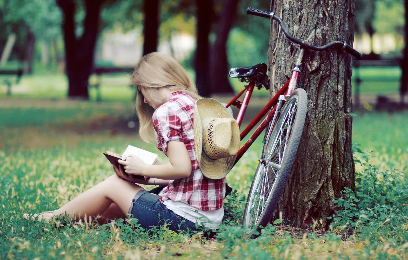 Photo wallpaper forest, summer, girl, trees, bike, Park, shirt, sdapa