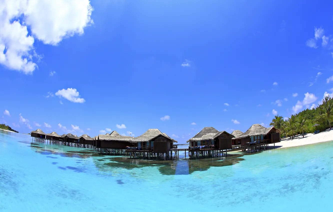 Photo wallpaper sea, beach, the sky, clouds, stay, Paradise, The Maldives, Bungalow