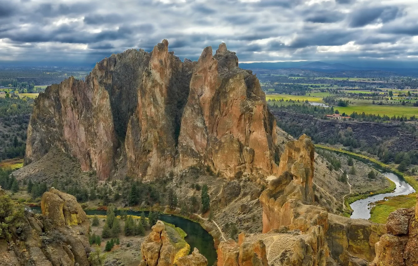 Photo wallpaper the sky, clouds, mountains, river, rocks, valley