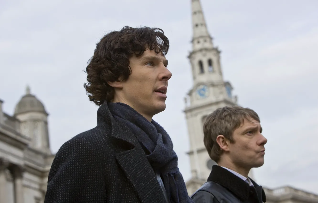 Photo wallpaper the city, laptop, the conversation, Sherlock Holmes, Martin Freeman, Benedict Cumberbatch, Sherlock, Sherlock BBC