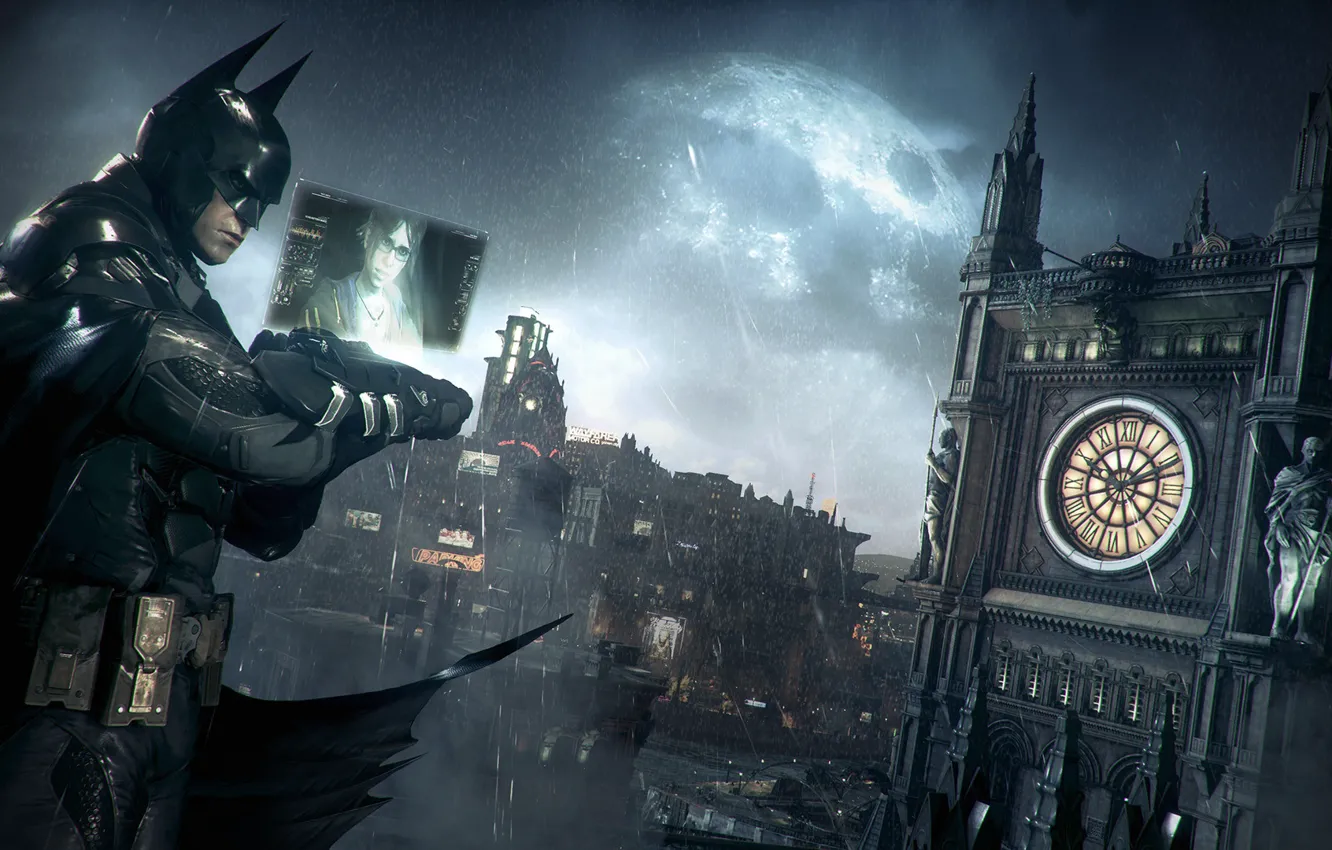 Photo wallpaper night, city, the city, rain, the moon, the game, mask, hero
