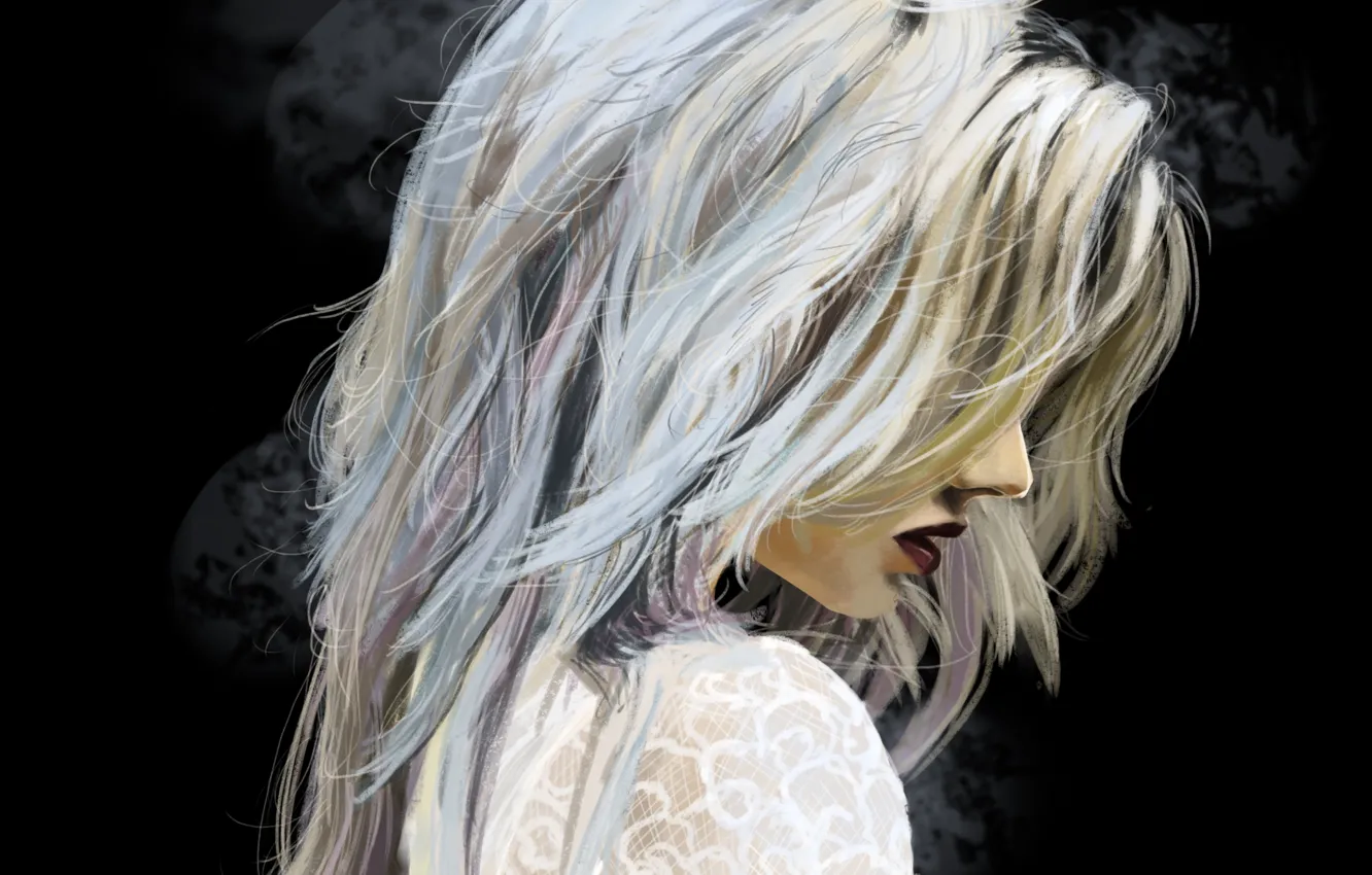 Photo wallpaper girl, hair, art, blonde, lips, profile, black background