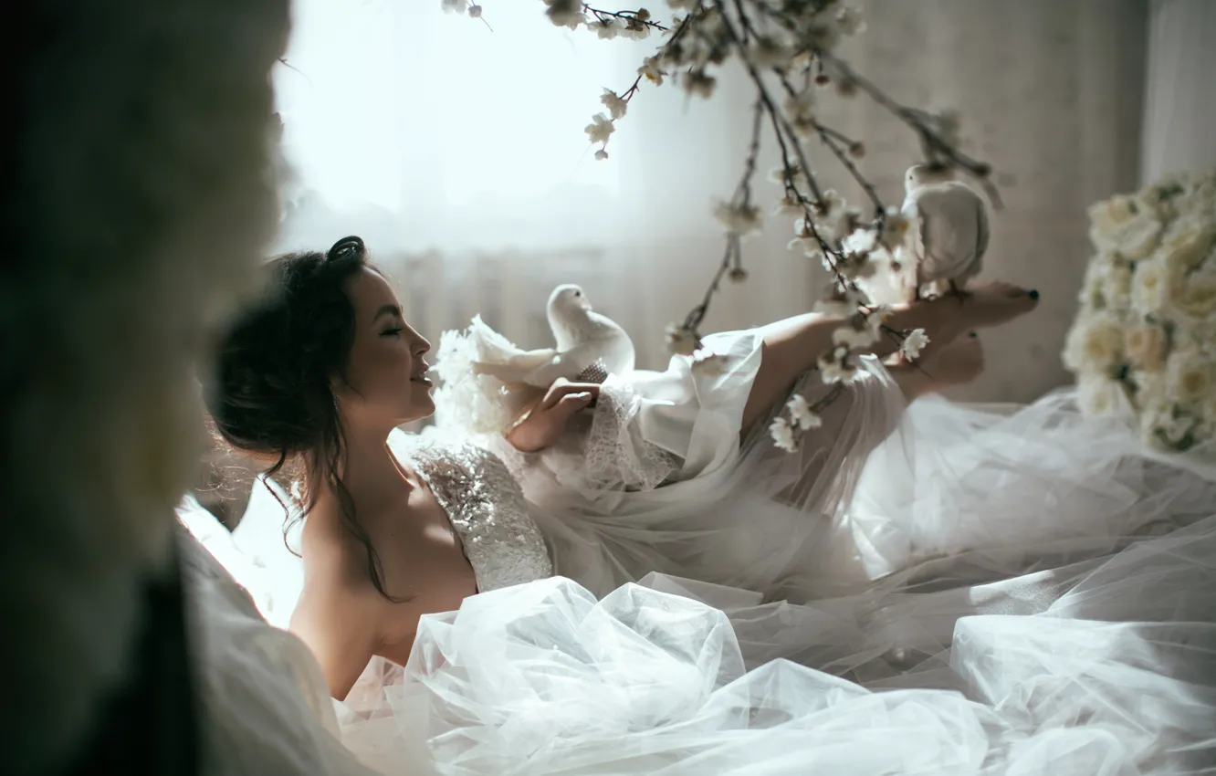 Photo wallpaper girl, flowers, branches, bird, barefoot, dress, brunette, pigeons