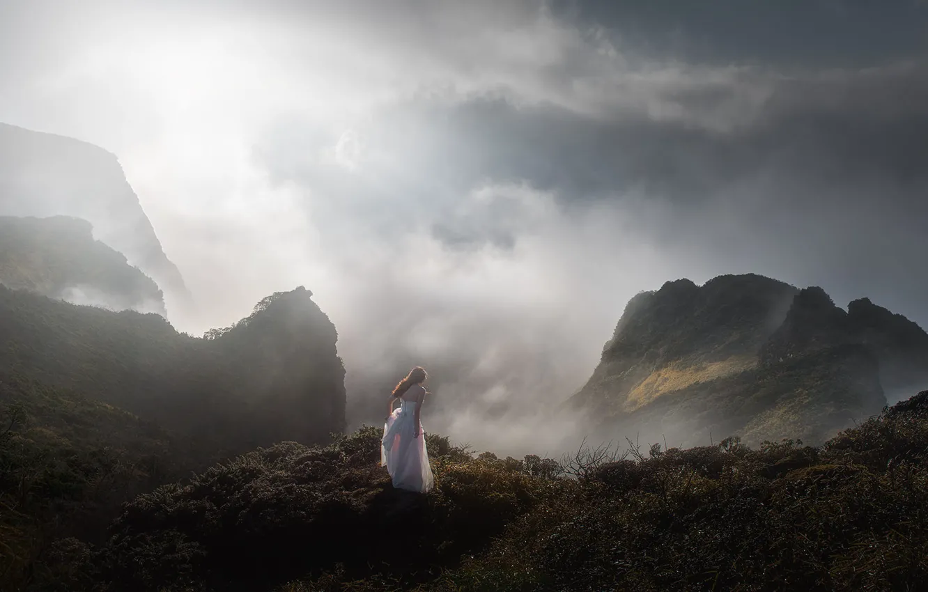 Photo wallpaper look, girl, clouds, mountains, pose, fog, open, mood
