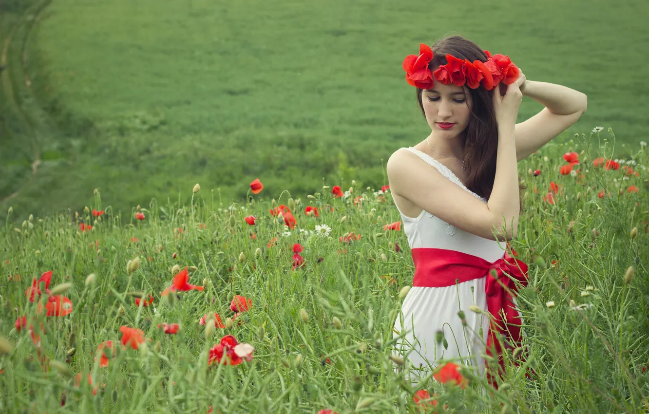 Photo wallpaper summer, grass, girl, flowers, red, Maki, meadow, belt