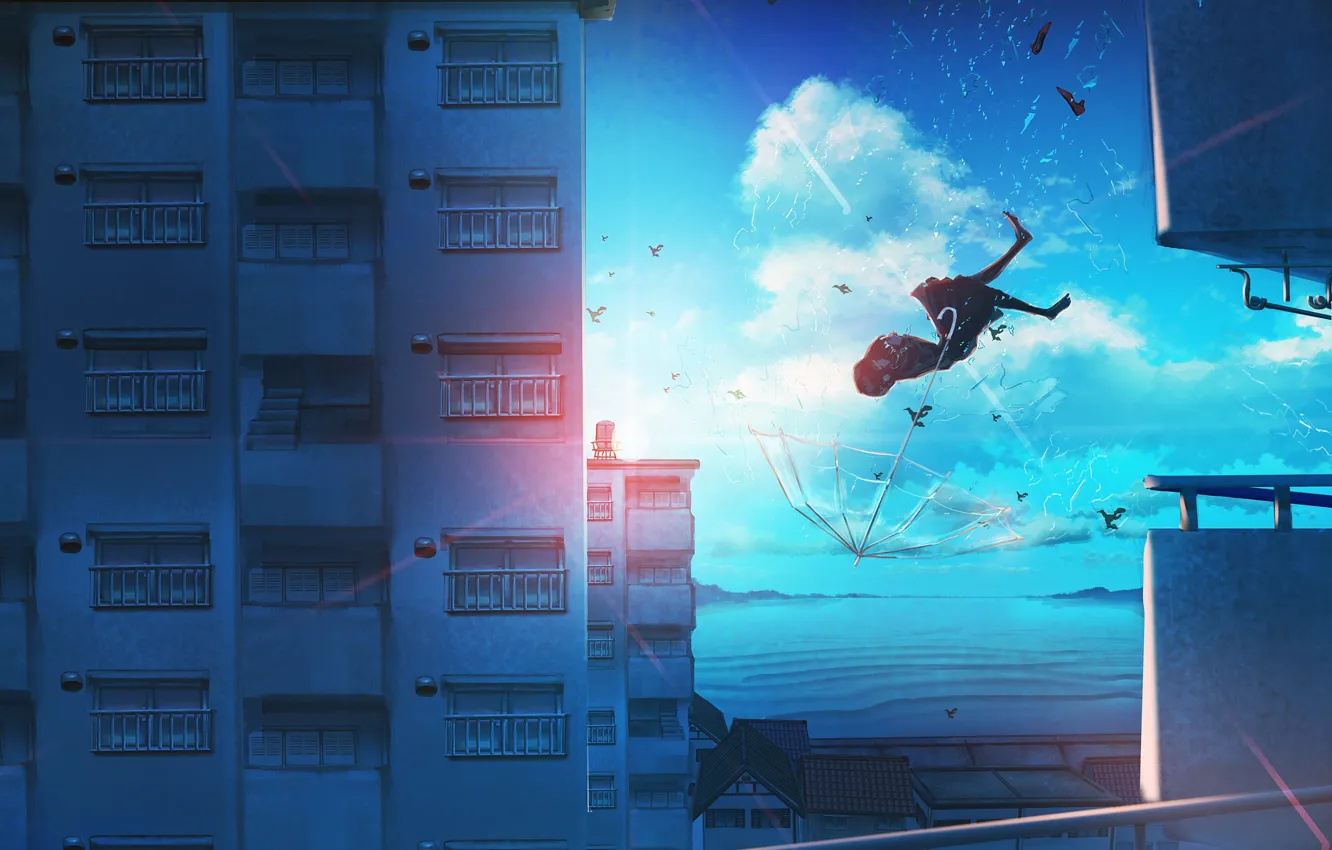 Photo wallpaper girl, umbrella, falls