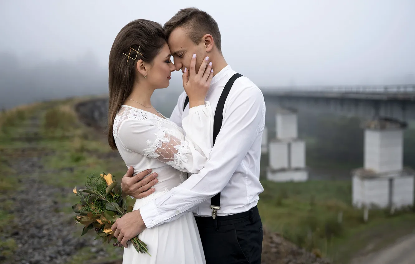 Photo wallpaper girl, happiness, bridge, bouquet, dress, hugs, pair, guy