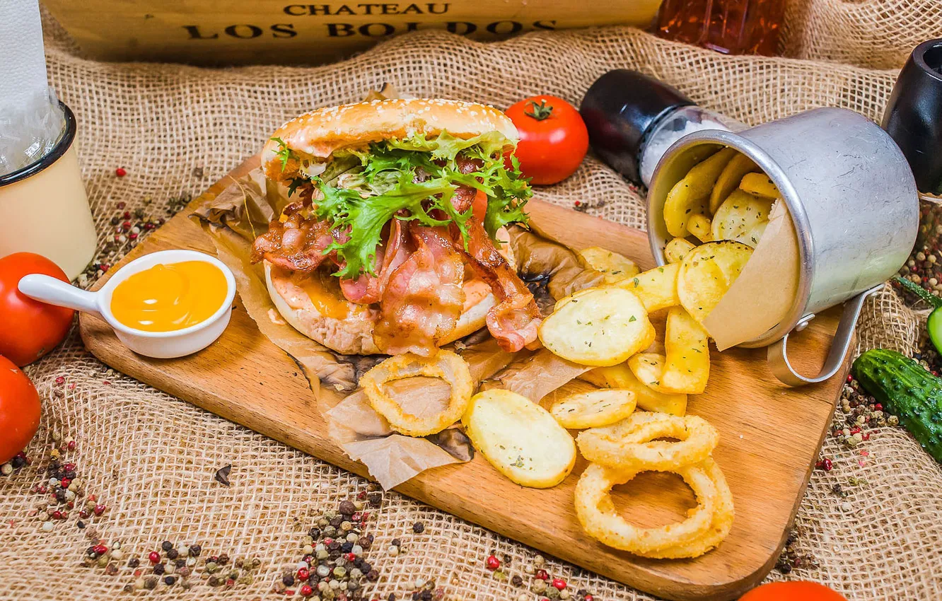 Photo wallpaper bow, sauce, fast food, spices, potatoes, Burger