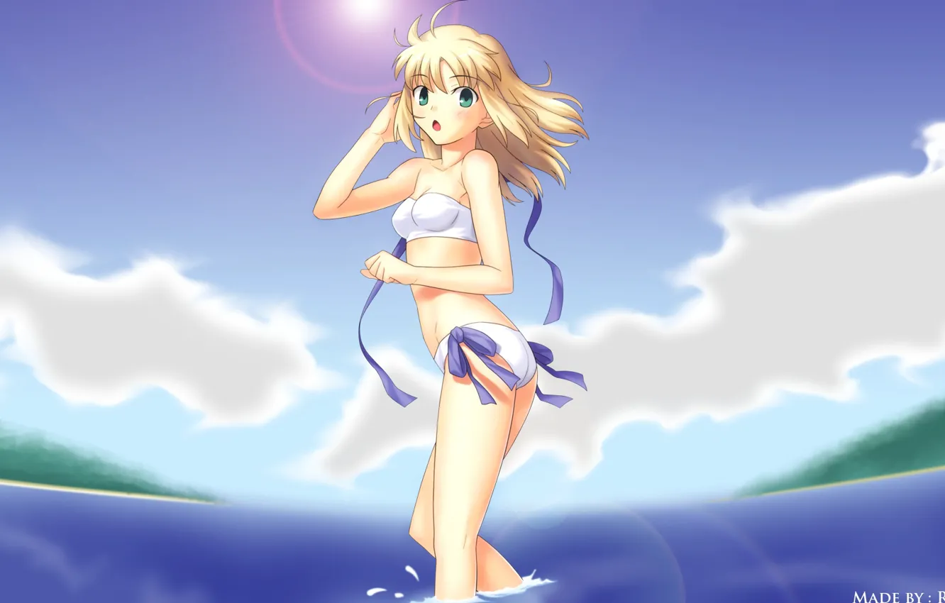 Photo wallpaper sea, swimsuit, the sky, girl, the sun, the saber, Fate stay night, Fate / Stay …